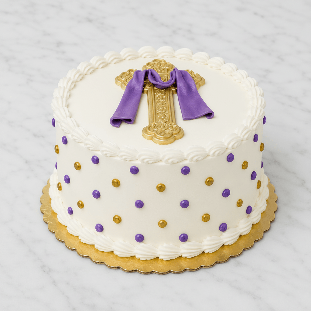 A round white frosted cake with piped scalloped edges, decorated with purple and gold polka dots, topped with a gold ornate cross and purple fondant ribbon,.