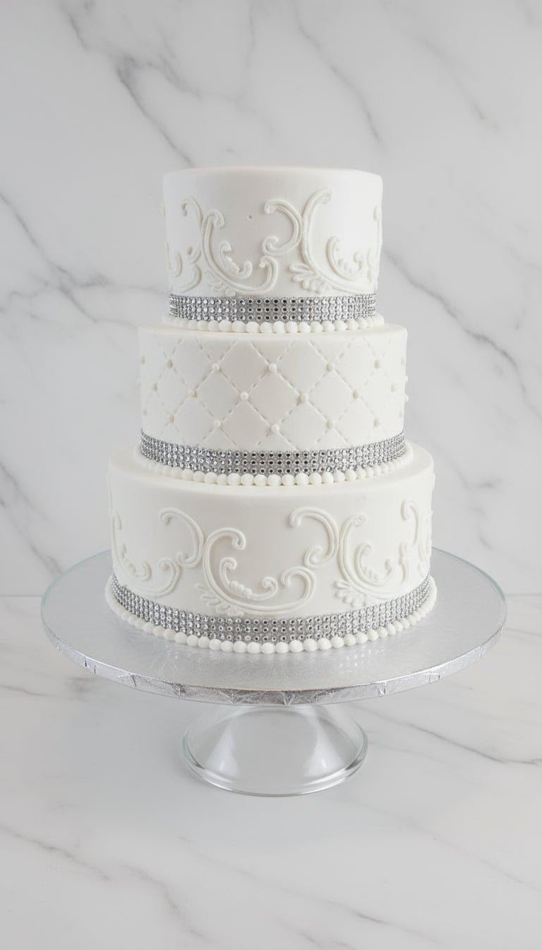 Elegant White Scroll Wedding Cake